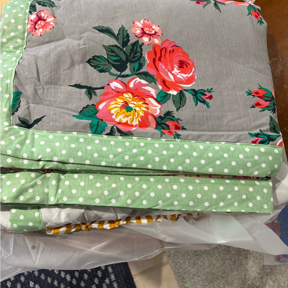 Matilda Jane Gray Floral Quilt with Green Polka Dots